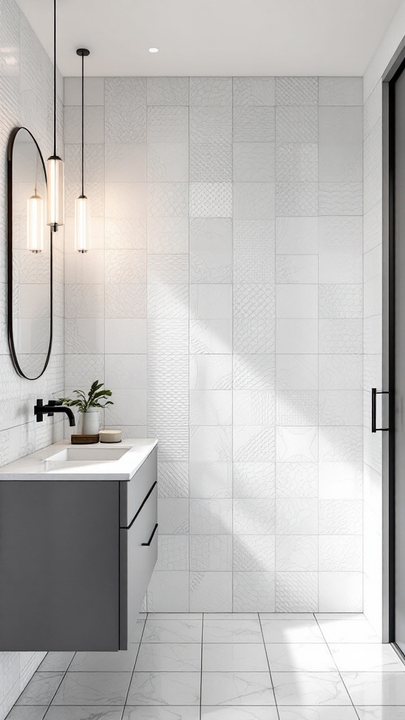 A modern bathroom featuring textured white tiles on the wall and floor, a gray vanity, pendant lighting, and a round mirror.
