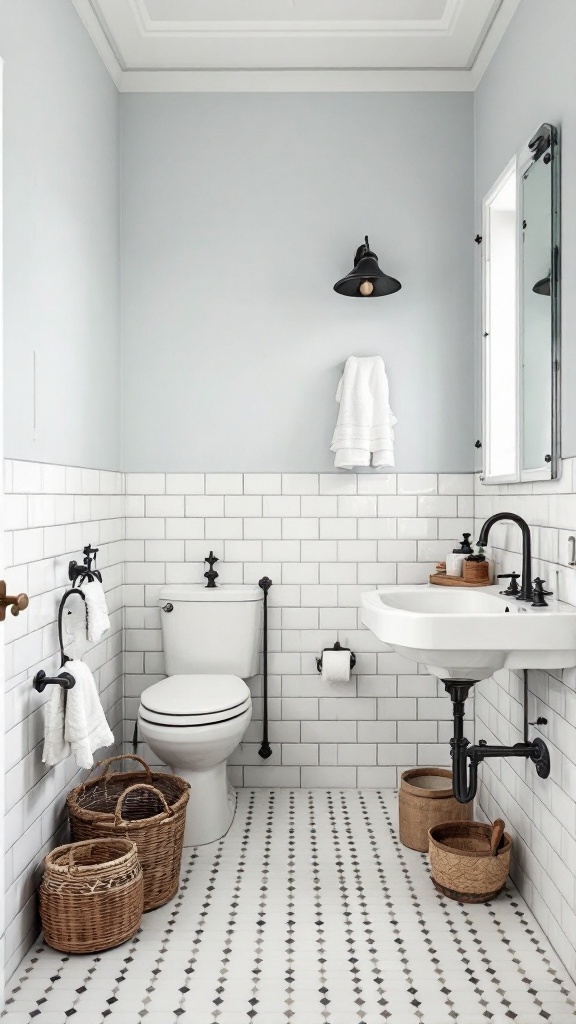 A stylish bathroom featuring white ceramic tiles, a black light fixture, and woven baskets for storage.