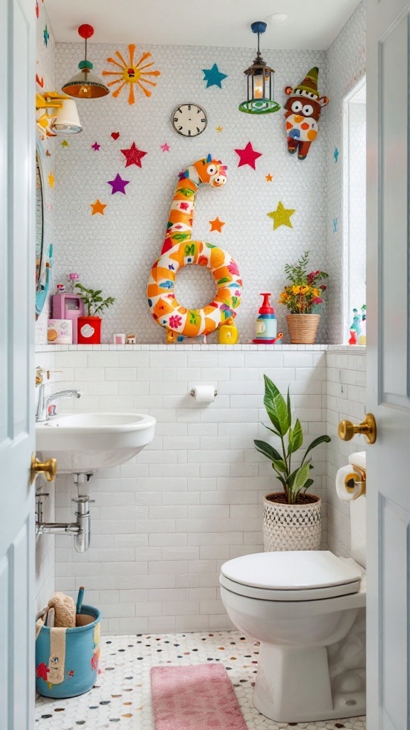 Bathroom with white tiles and colorful whimsical decorations