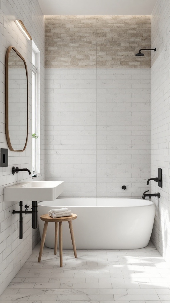 A modern bathroom featuring white tiles and natural stone accents.