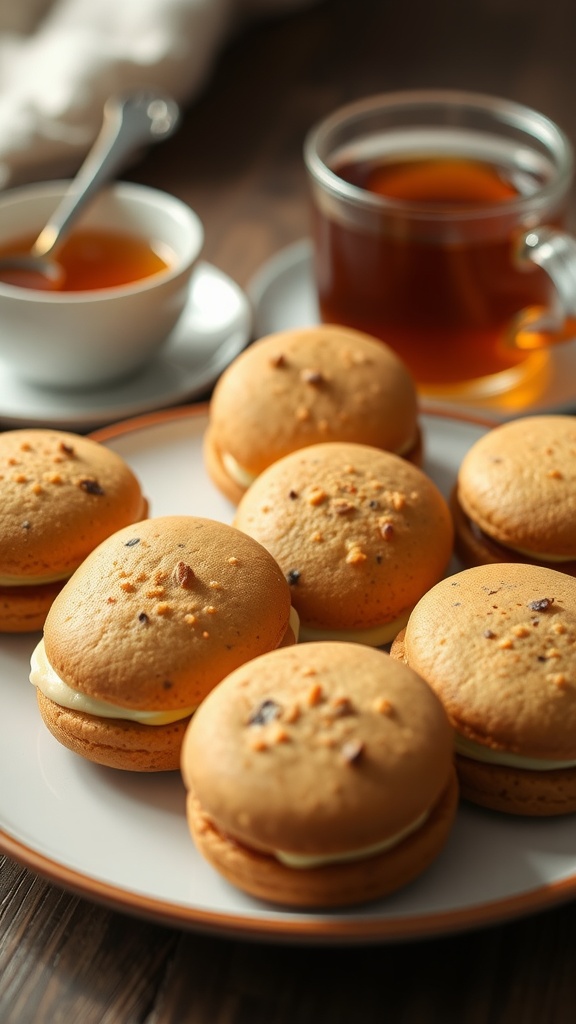 A plate of classic cream-infused madeleines next to a cup of tea.