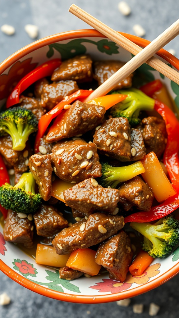 A colorful bowl of beef stir-fry with broccoli and bell peppers
