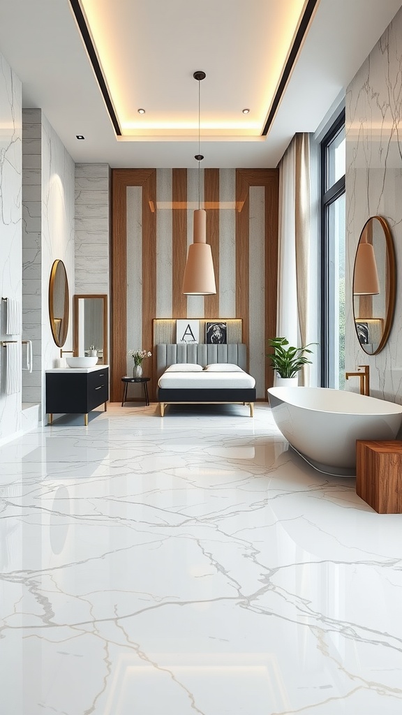 Interior featuring a marble epoxy floor, showcasing 3D depth illusion with modern decor.