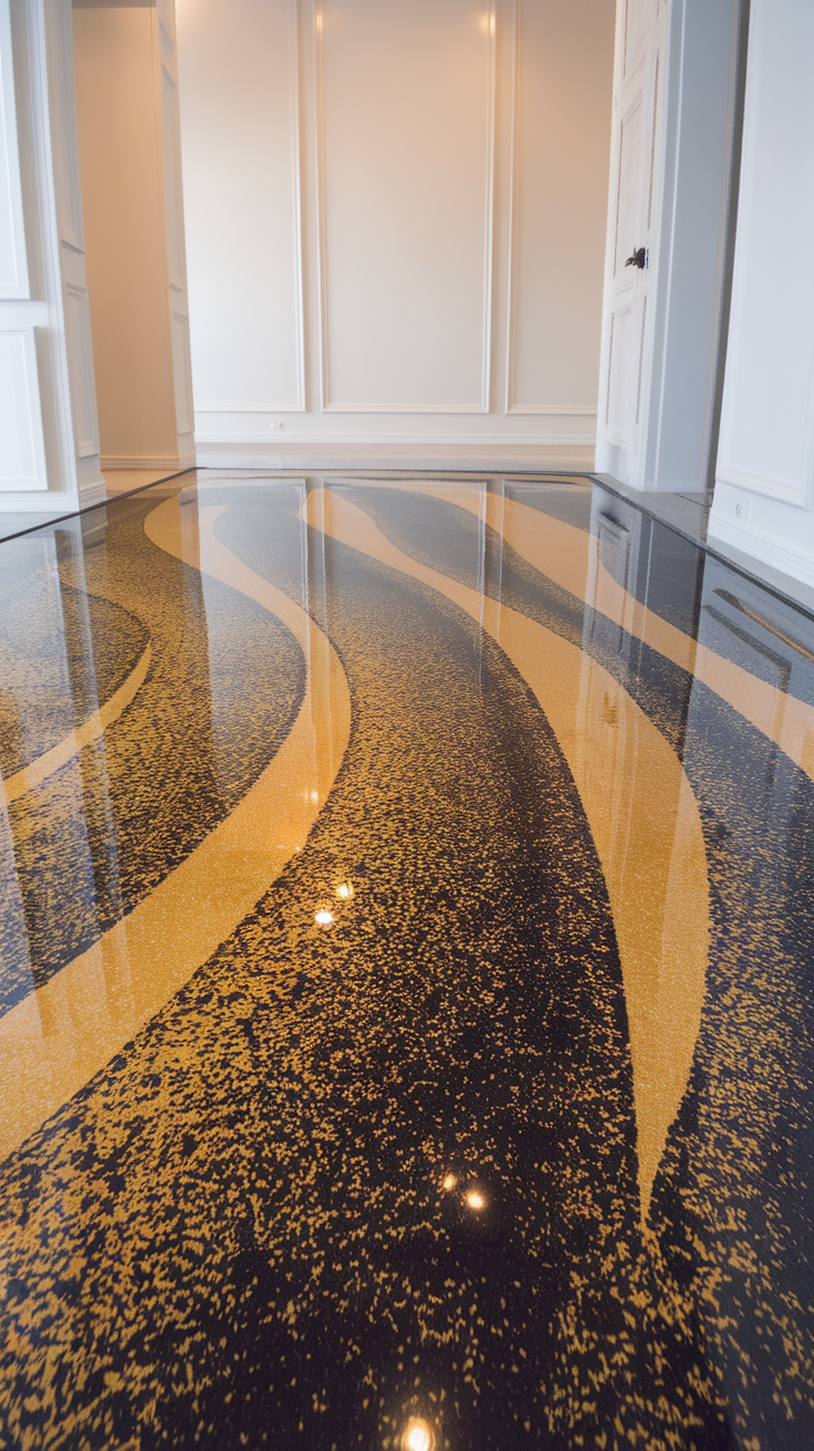 A modern interior featuring 3D epoxy flooring that creates an illusion of a mountain landscape.