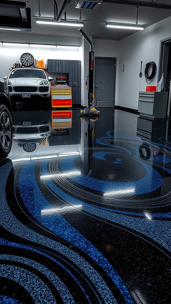 A stylish garage with black and blue epoxy flooring featuring 3D effects.