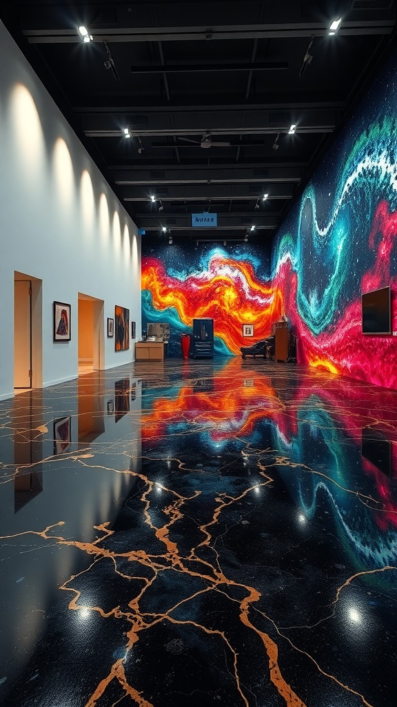A modern art space featuring a 3D epoxy floor with swirling cosmic designs and a high-gloss finish.