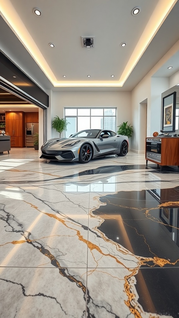 A luxurious interior showcasing a marble epoxy floor with gold veins, featuring a sleek grey car