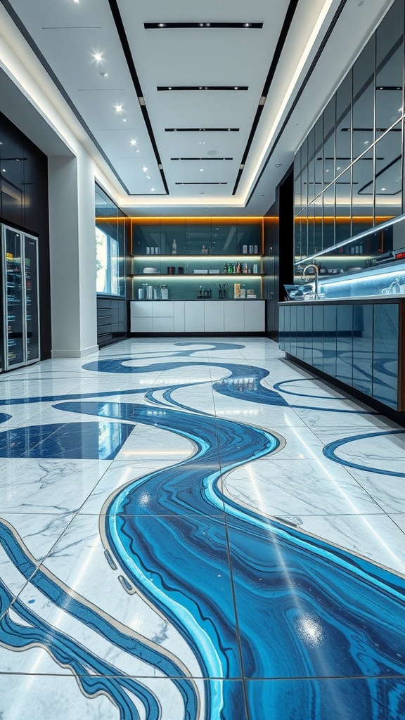 A sleek kitchen featuring a 3D epoxy floor design with a blue water-like pattern