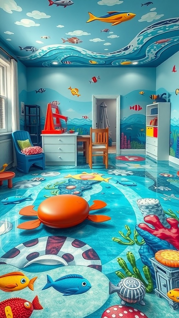 3D epoxy floor art depicting an underwater scene with fish and corals.