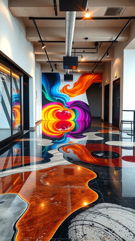 Colorful 3D epoxy floor art in a modern interior
