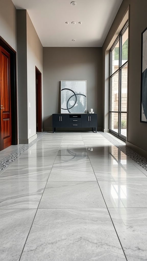 Stylish interior hallway with glossy marble tiles and modern decor