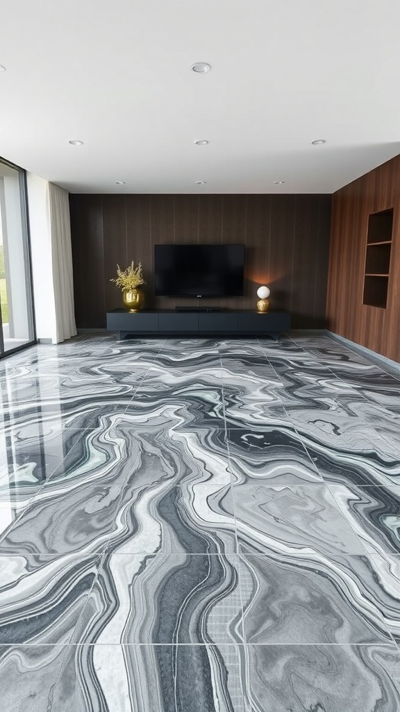 A modern kitchen showcasing a 3D epoxy floor with koi fish swimming over a black surface.