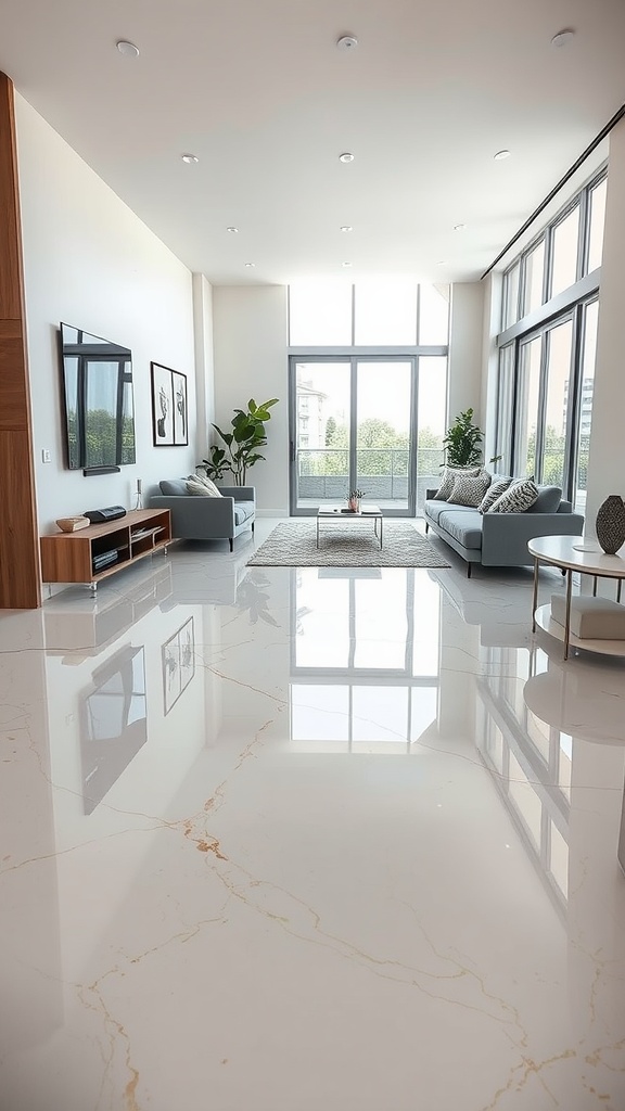 A spacious living room featuring a glossy pearl epoxy floor with a modern design and large windows.