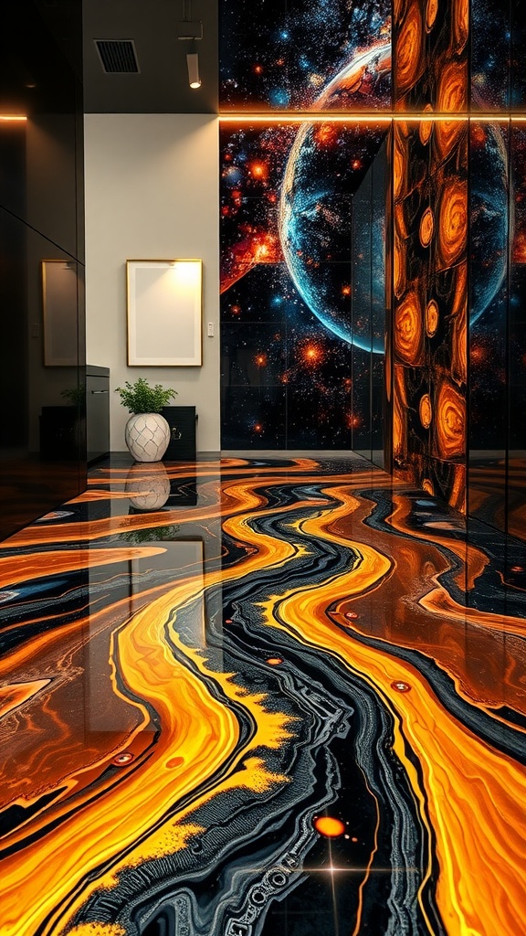 A vibrant 3D epoxy floor design resembling a cosmic landscape with swirling colors.