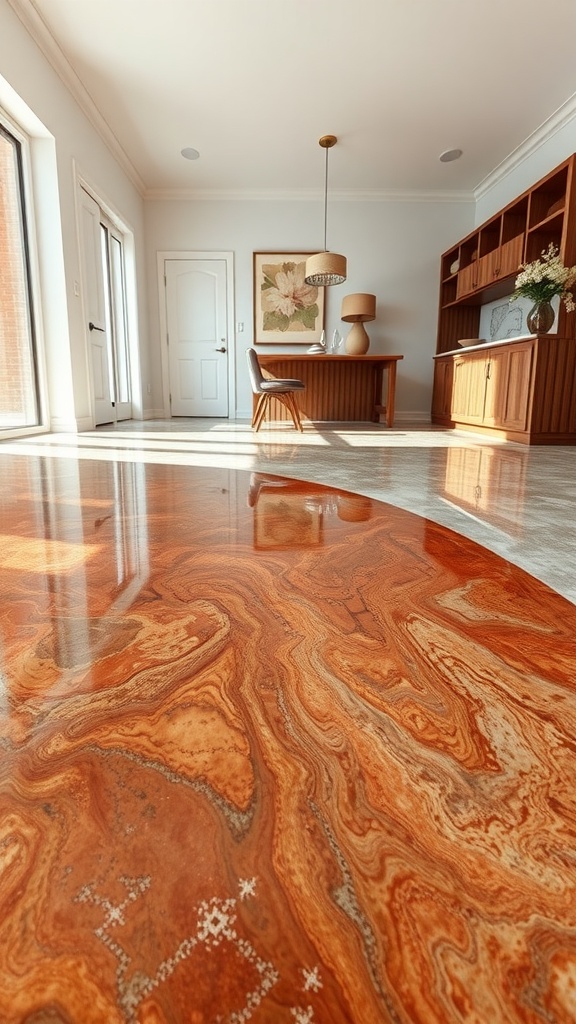 A beautifully designed copper epoxy floor with intricate patterns in a well-lit room.