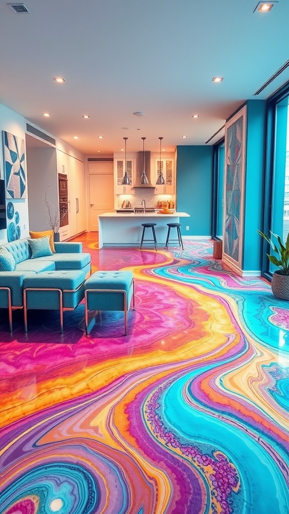 A vibrant 3D epoxy floor design in a modern kitchen, featuring swirling colors of teal, pink, and orange.