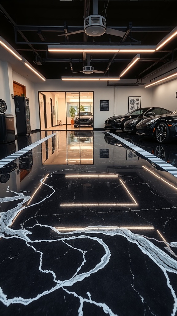 A sleek black marble epoxy floor with white artistic swirls in a modern garage