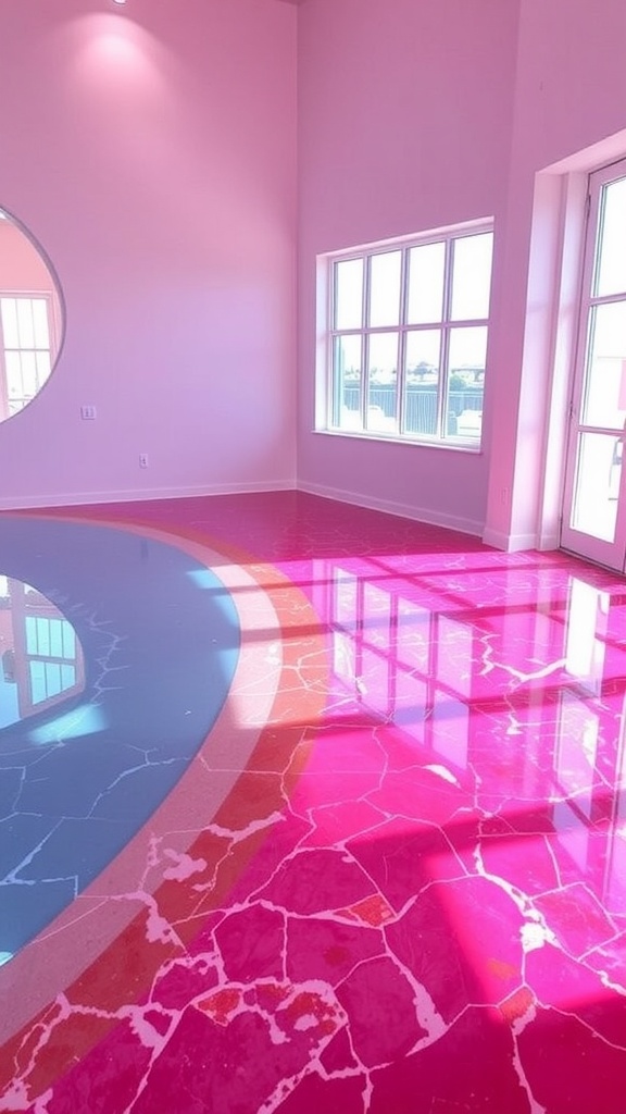 Vibrant epoxy floor design featuring colorful abstract floral patterns in a modern home interior.