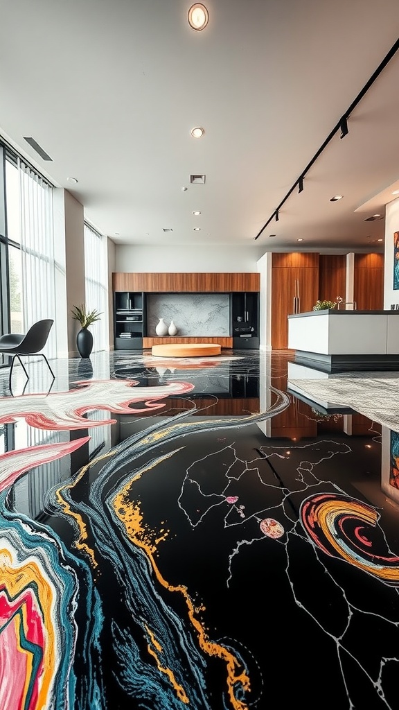 A modern living space featuring abstract art resin flooring with swirling colors and patterns.