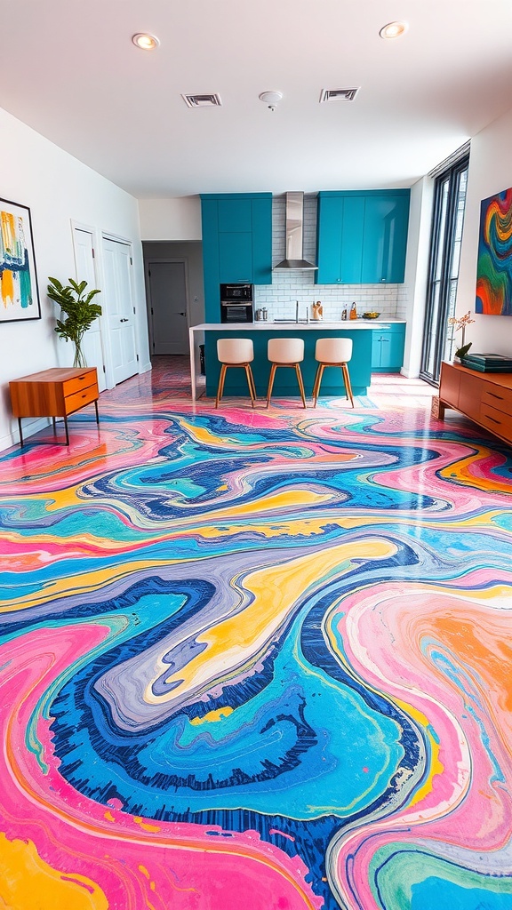 Colorful abstract epoxy floor design in a modern kitchen