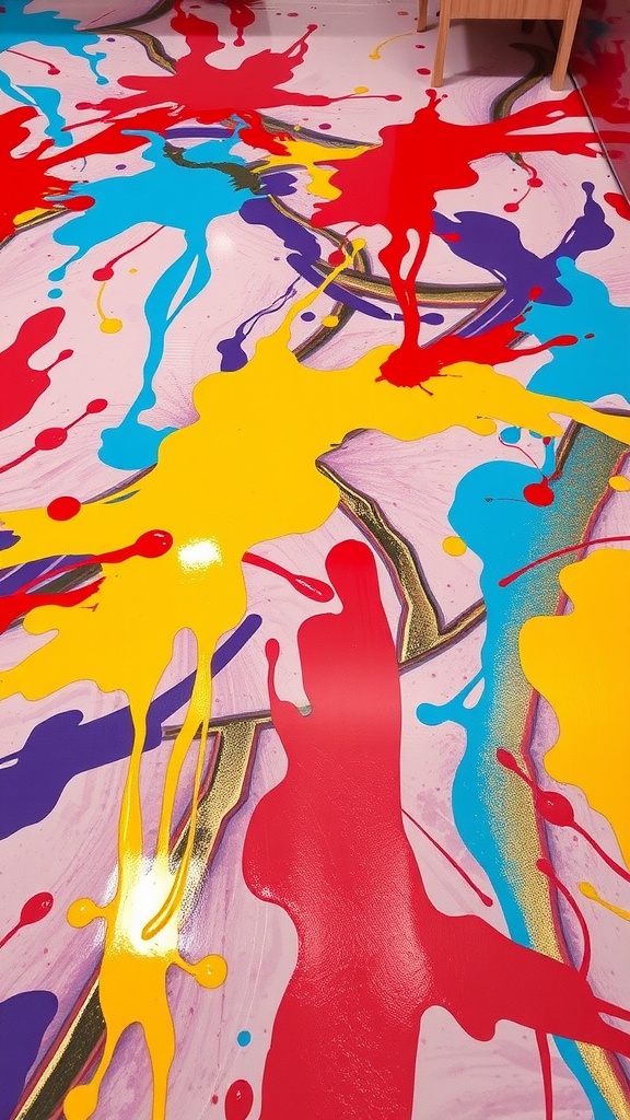 Colorful abstract epoxy floor design featuring vibrant splashes of pink, blue, orange, and purple.