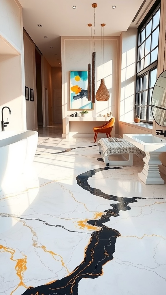 A modern bathroom with a marble epoxy floor featuring bold black and gold patterns, complemented by stylish decor.
