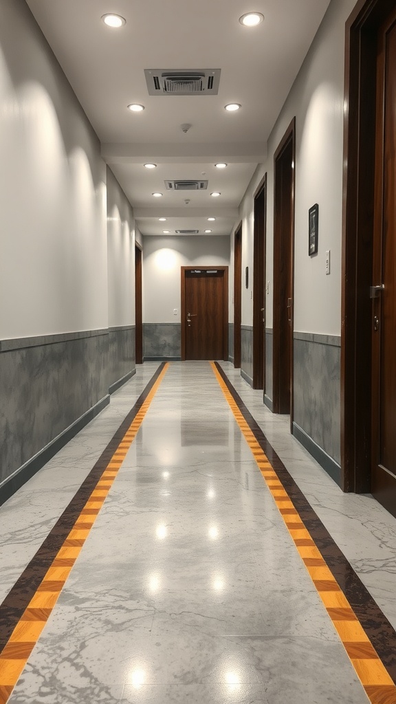 A hallway showcasing an epoxy floor with distinct accent borders.