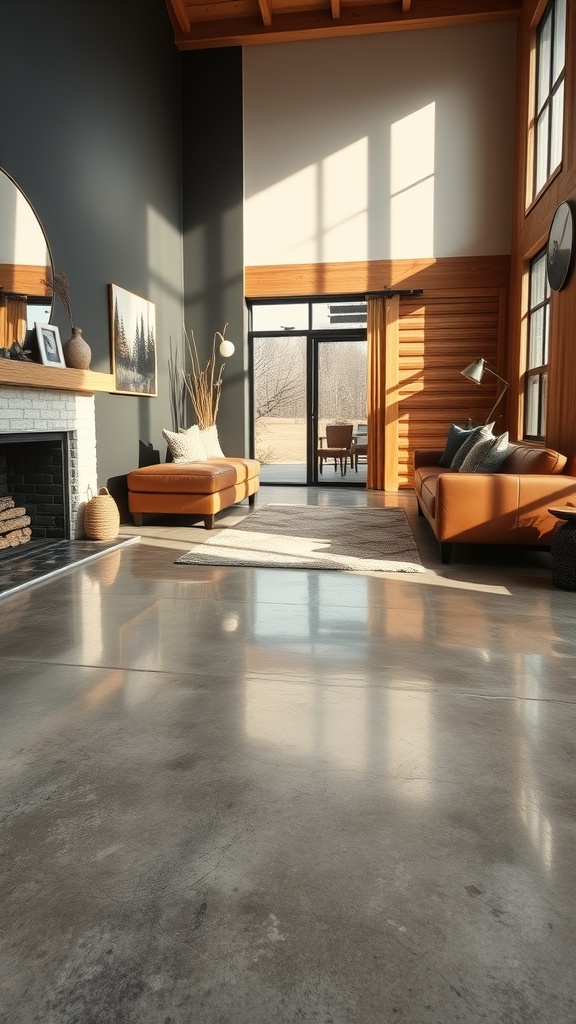 Living room with polished cement floor and dark accent wall