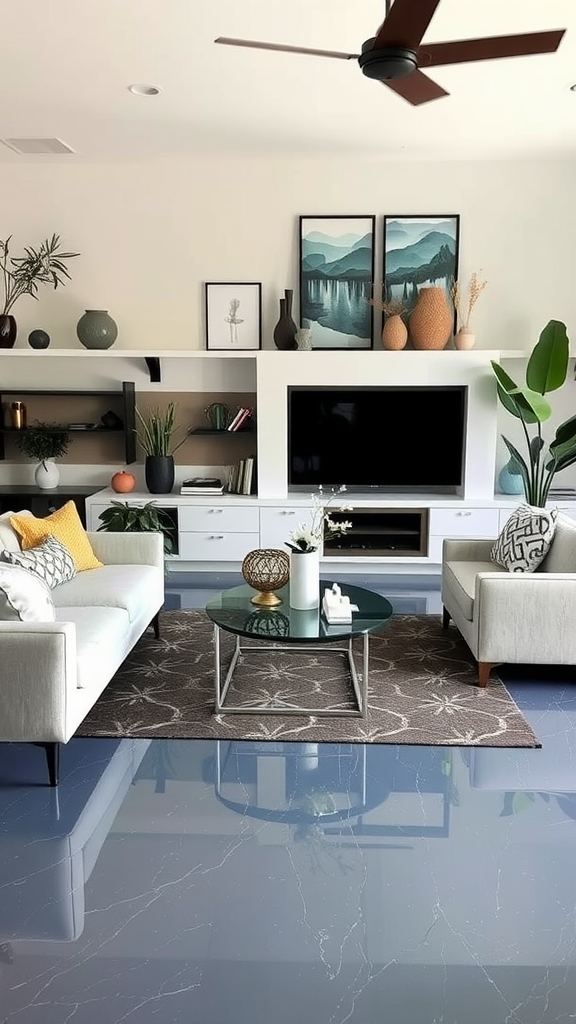 Cozy living room with gray sofas, colorful cushions, and green plants on epoxy flooring.