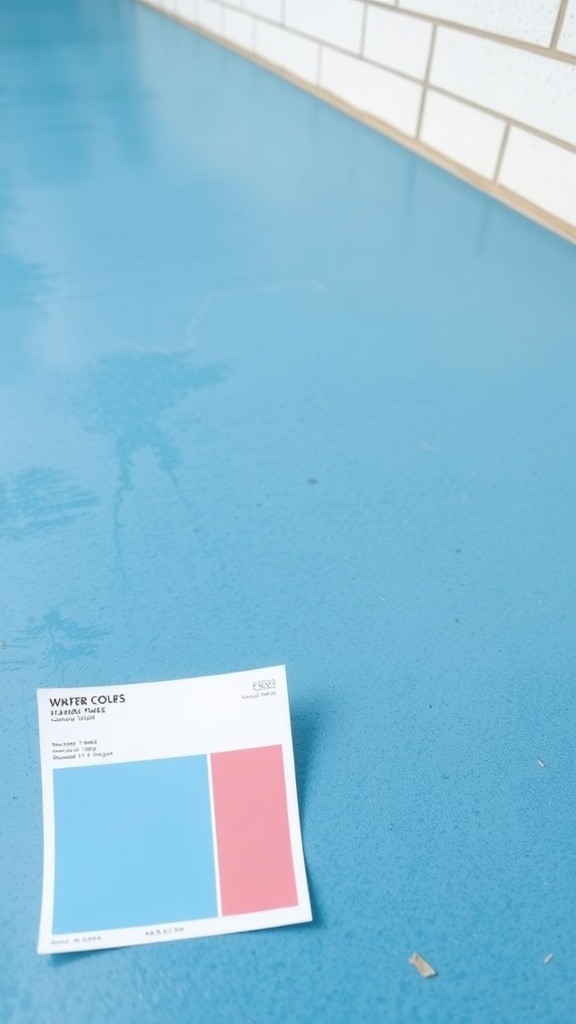 Azure blue concrete floor with a paint swatch showing a light blue color reference