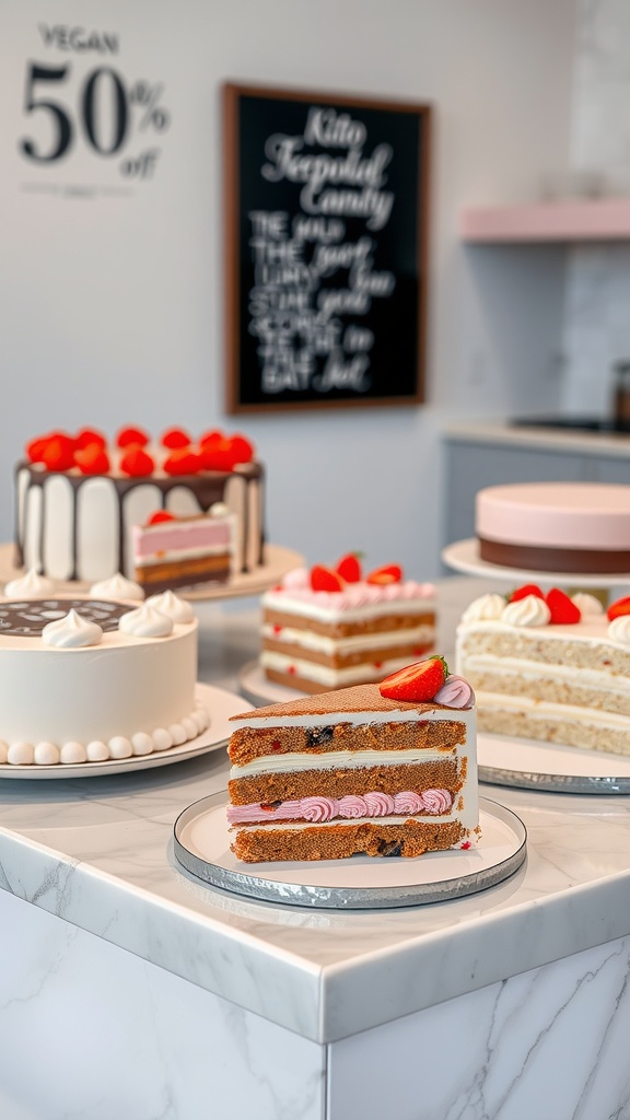 A beautiful display of Neapolitan cakes with layers of chocolate, vanilla, and strawberry, showing the versatility and appeal of this classic dessert.