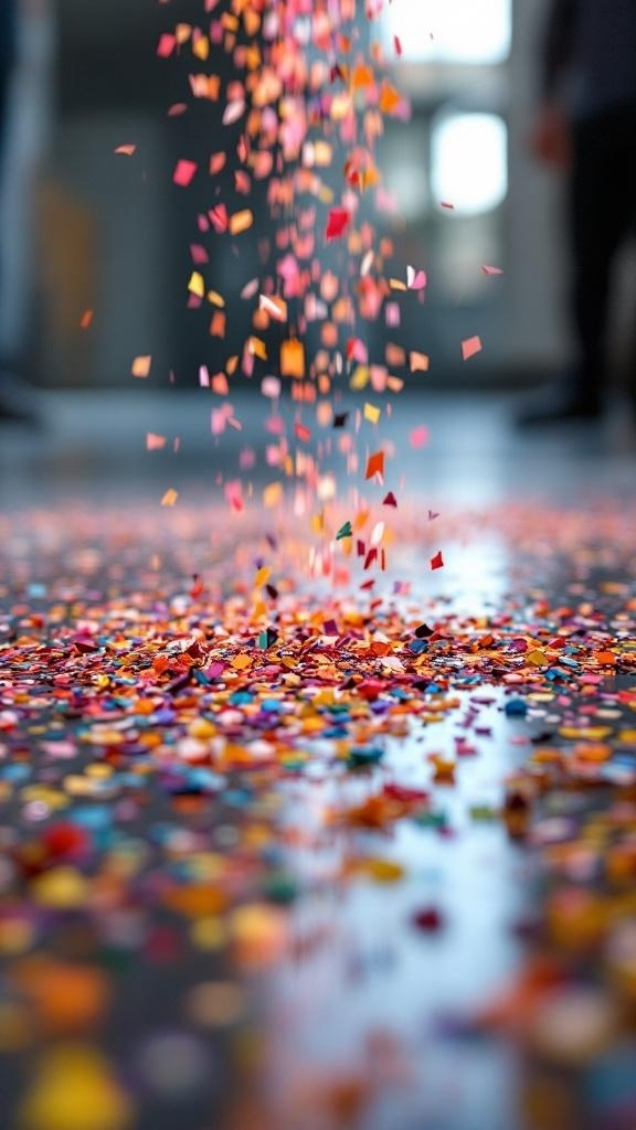 Close-up of a decorative epoxy floor with colorful flakes