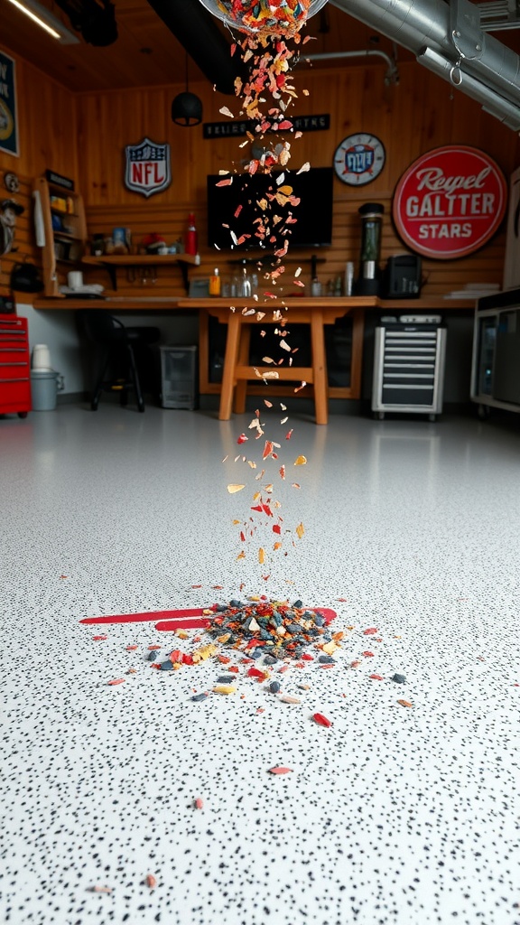 Colorful decorative flakes falling onto a shiny epoxy garage floor, showcasing a vibrant and custom look.