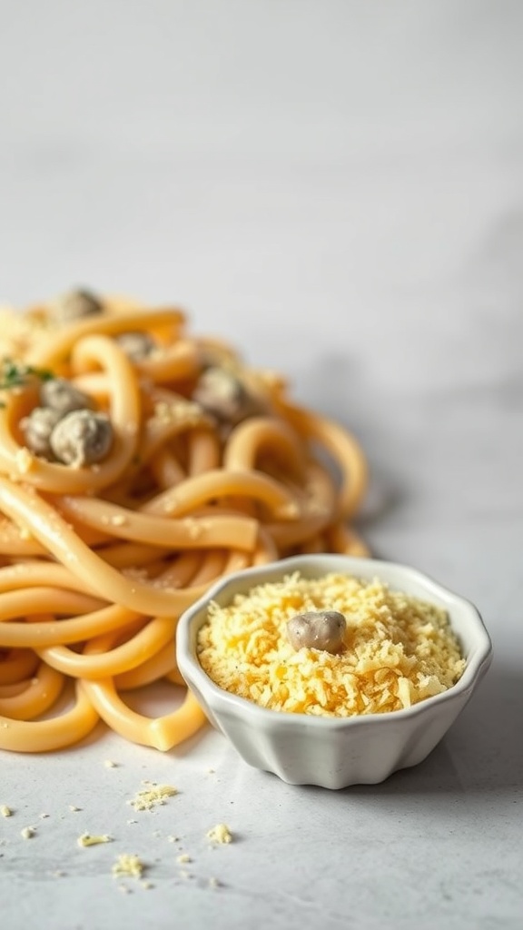 Creamy vegan caramelized onion pasta served with a sprinkle of nutritional yeast.