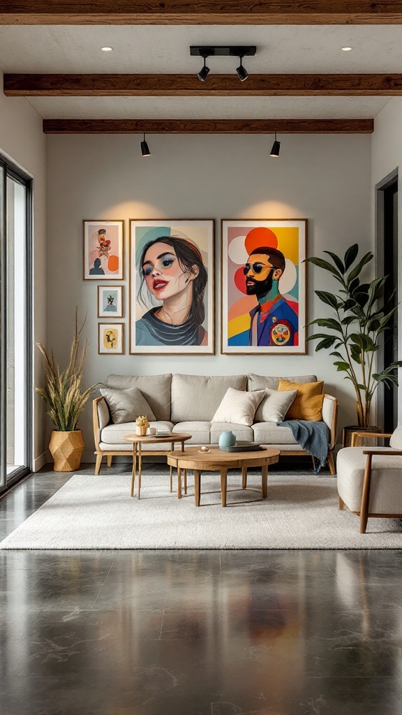 A cozy living room featuring stylish artwork on the wall, a comfortable sofa, and a warm atmosphere.