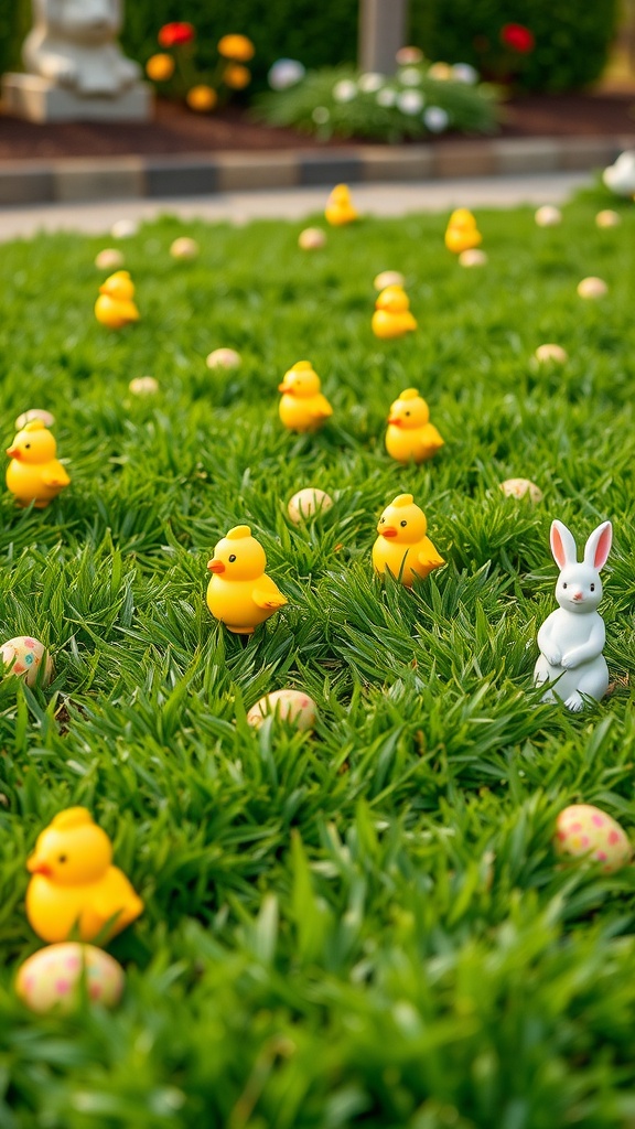 Colorful lawn ornaments featuring yellow chicks and a white bunny among Easter eggs in green grass.