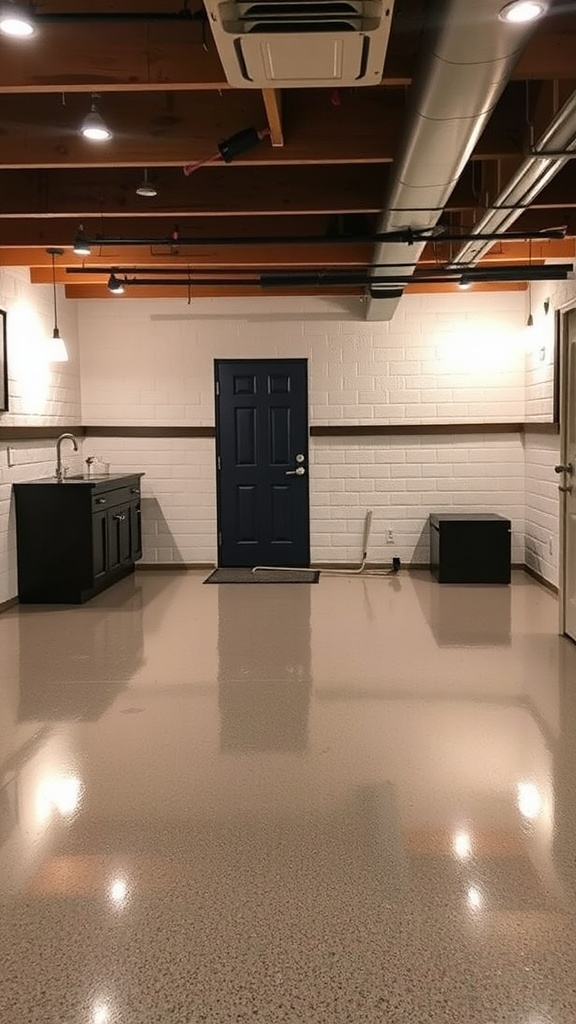A stylish basement with shiny epoxy flooring, a blue door, and modern lighting.