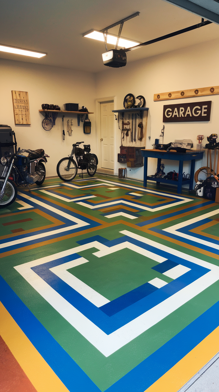 Colorful epoxy flooring design in a garage with motorcycles and tools displayed.