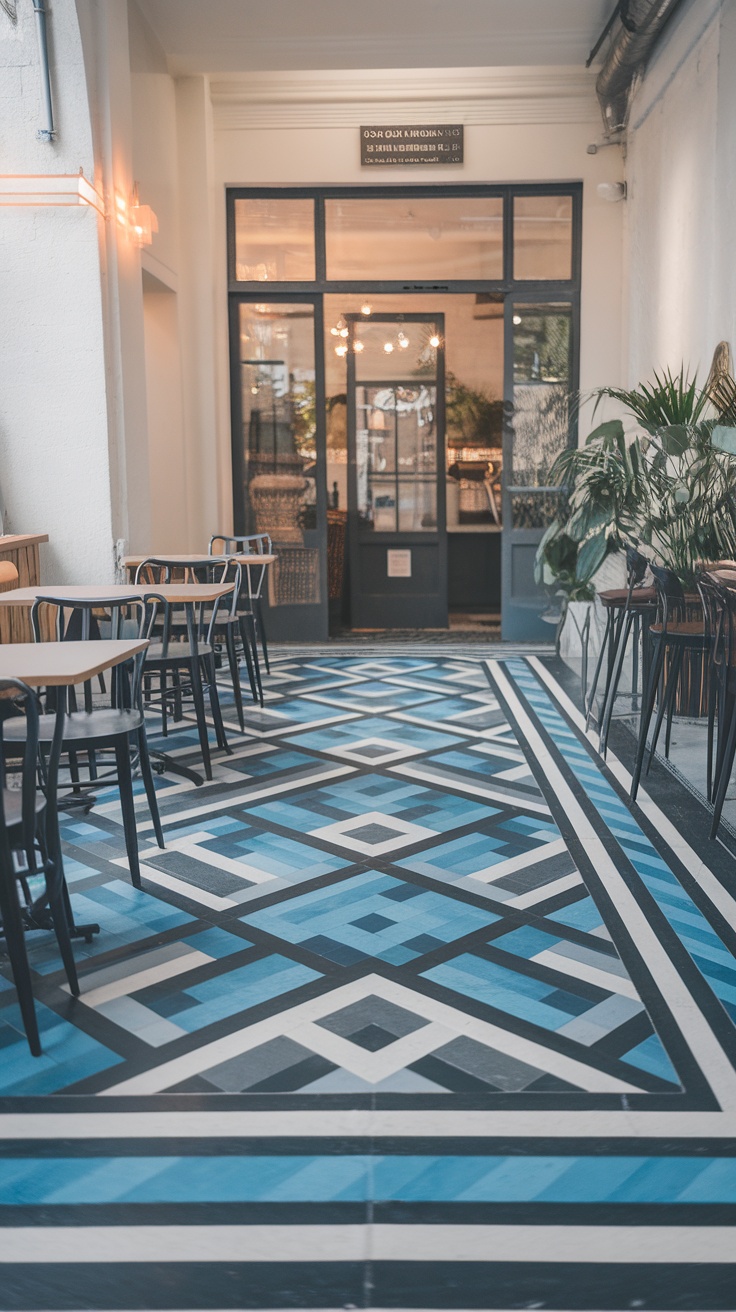 Stylish epoxy floor in a modern business setting with geometric patterns and colors.