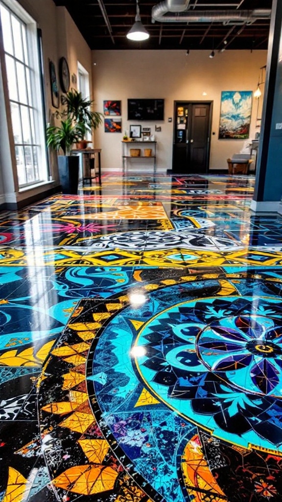 Vibrantly colored and patterned floor in an artistic space