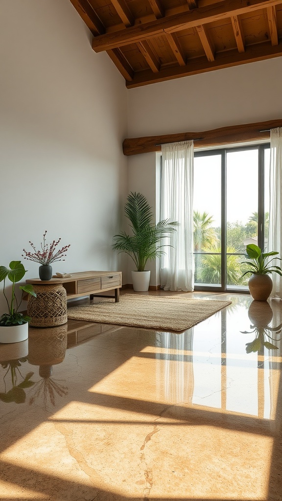 Various interiors showcasing different styles of epoxy flooring, including sleek designs and rich patterns.
