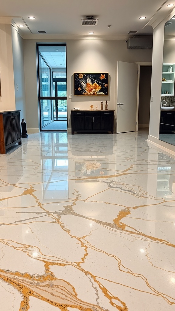 Luxury epoxy flooring showcasing a marble effect with gold and silver accents