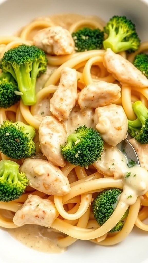 Delicious Alfredo Chicken Pasta with Broccoli served in a bowl.
