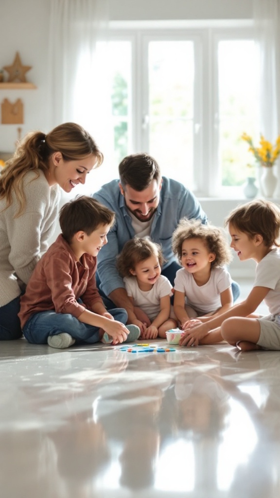 A family playing together on a smooth floor, emphasizing the benefits of allergy-friendly flooring.