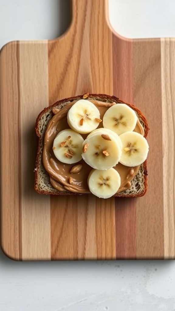 Almond butter and banana toast on a wooden cutting board.