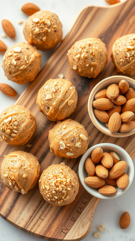 Delicious almond butter energy bites on a wooden platter with almonds.