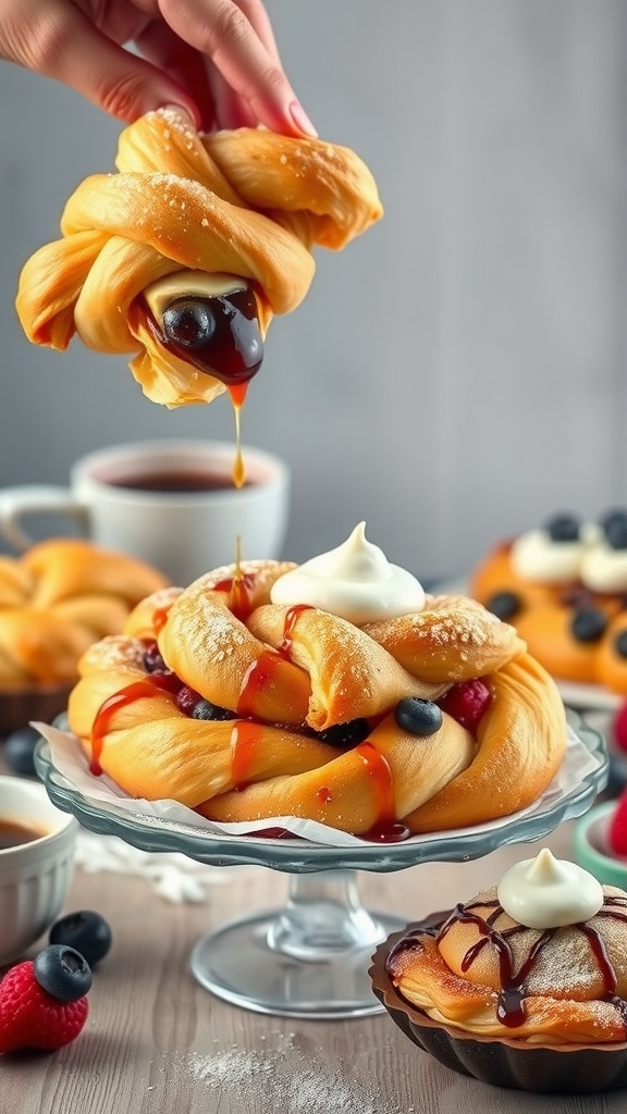 A beautifully braided puff pastry filled with almond cream, dusted with powdered sugar and garnished with fresh berries.