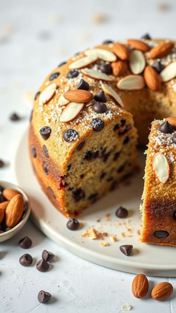 Almond Flour Chocolate Chip Cake with almonds and chocolate chips on top
