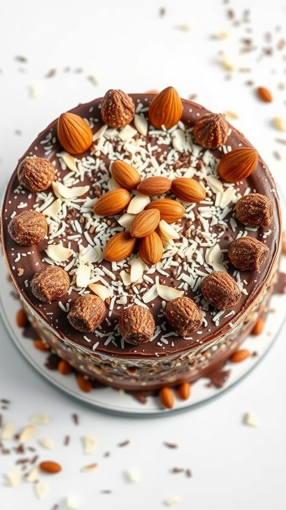 A beautifully decorated Almond Joy Cake with chocolate, almonds, and coconut.