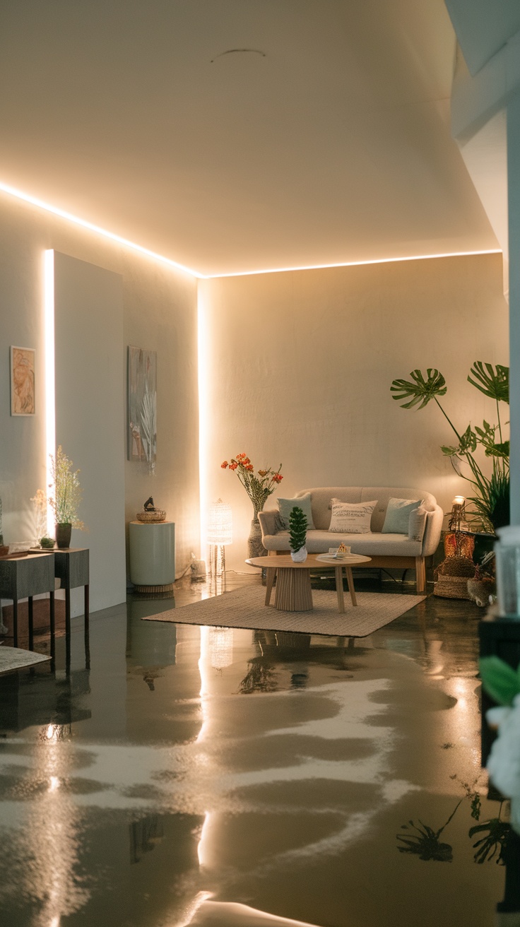 A cozy living room featuring epoxy floors with soft ambient lighting.